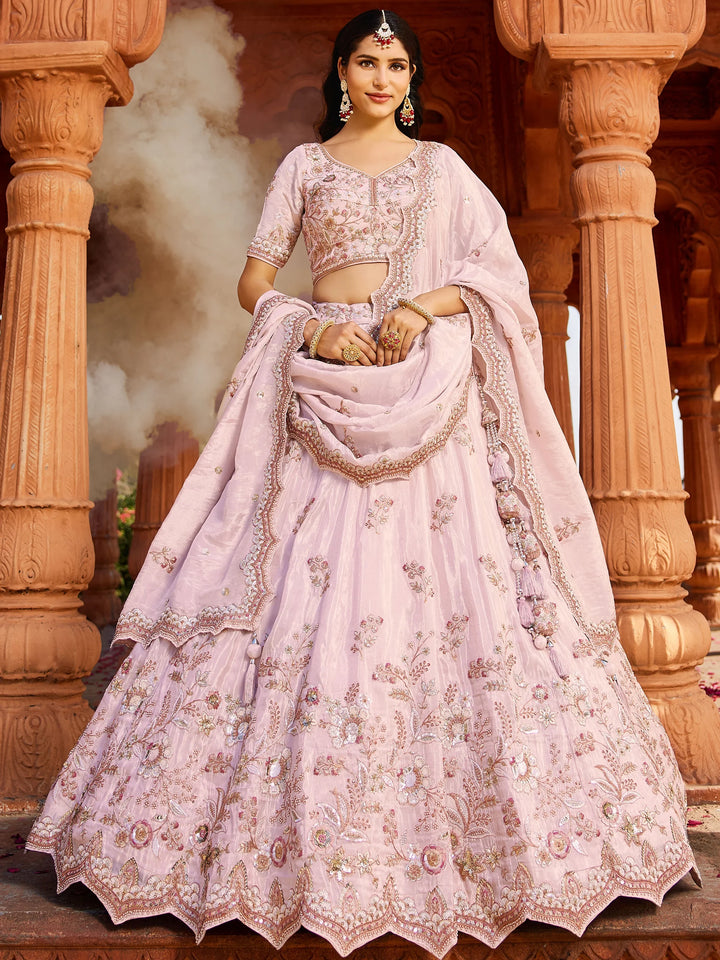 Astonishing Coral Pink Thread Embroidered Tissue Silk Engagement Wear Lehenga Choli - Zeel Clothing