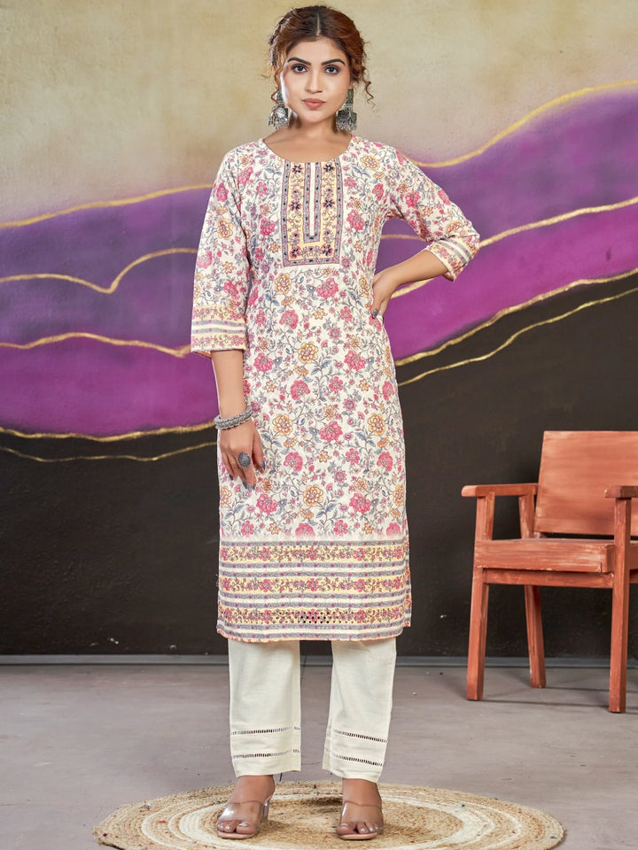 Astonishing Cream Floral Printed Cotton Readymade Kurti