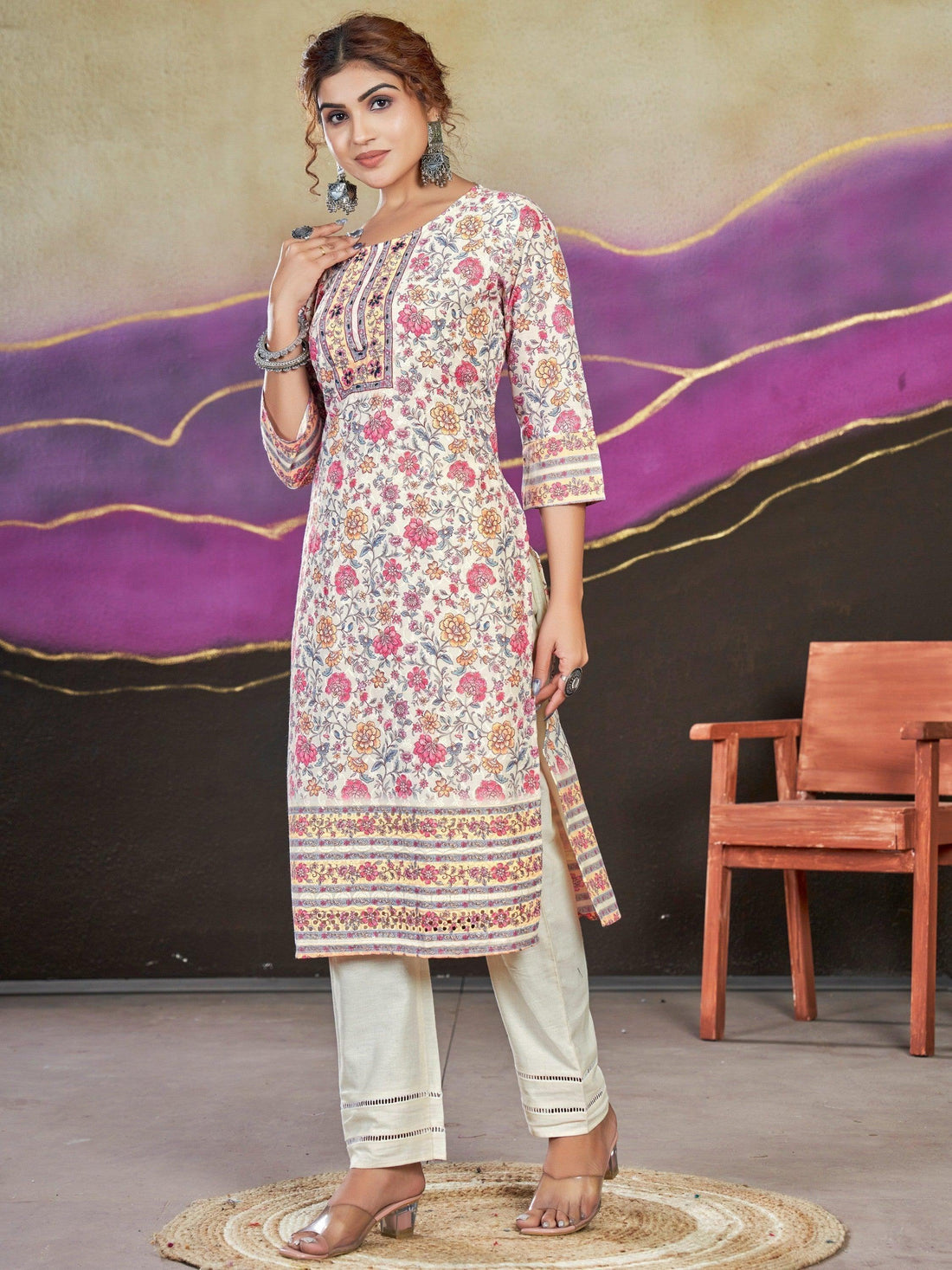 Astonishing Cream Floral Printed Cotton Readymade Kurti