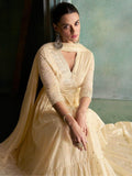 Astonishing Cream Mirror Work Silk Wedding Wear Gown With Dupatta - Zeel Clothing