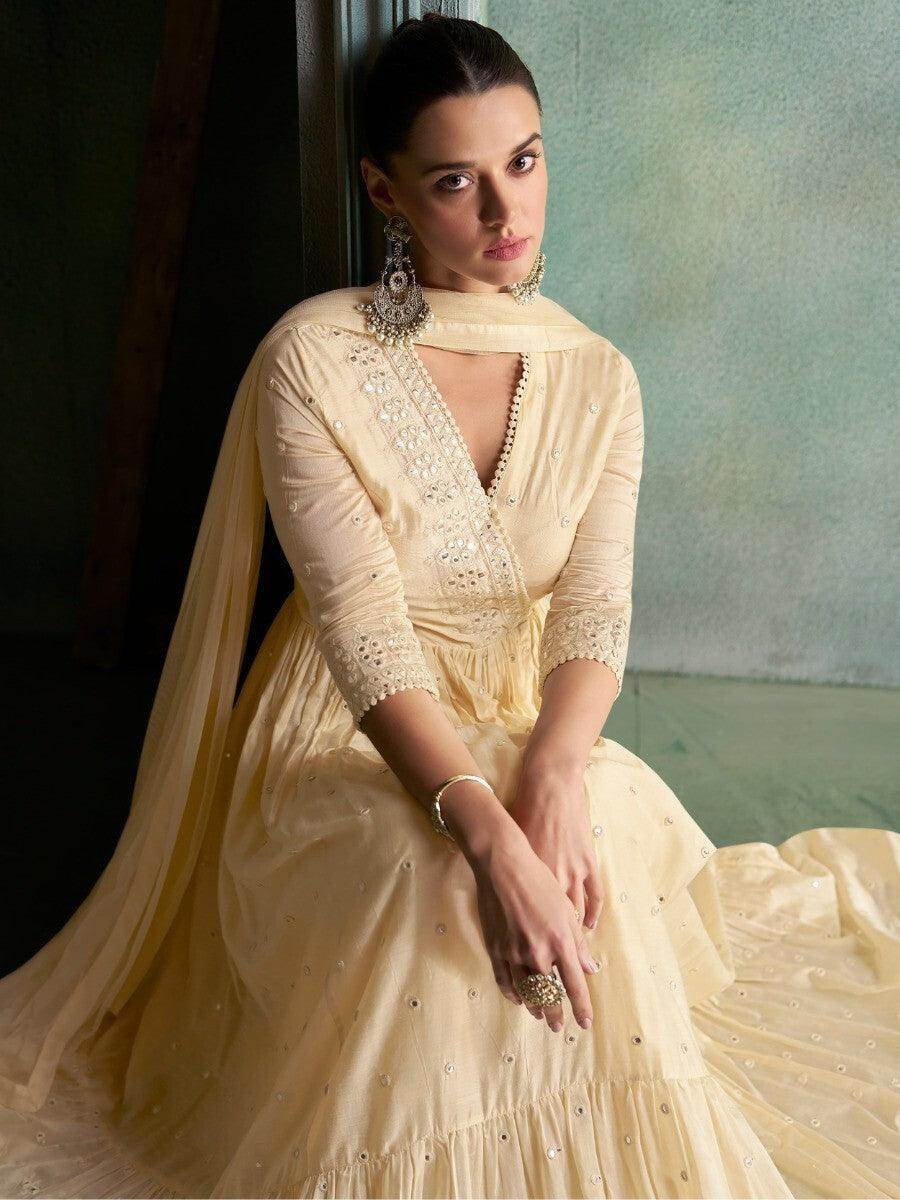Astonishing Cream Mirror Work Silk Wedding Wear Gown With Dupatta - Zeel Clothing