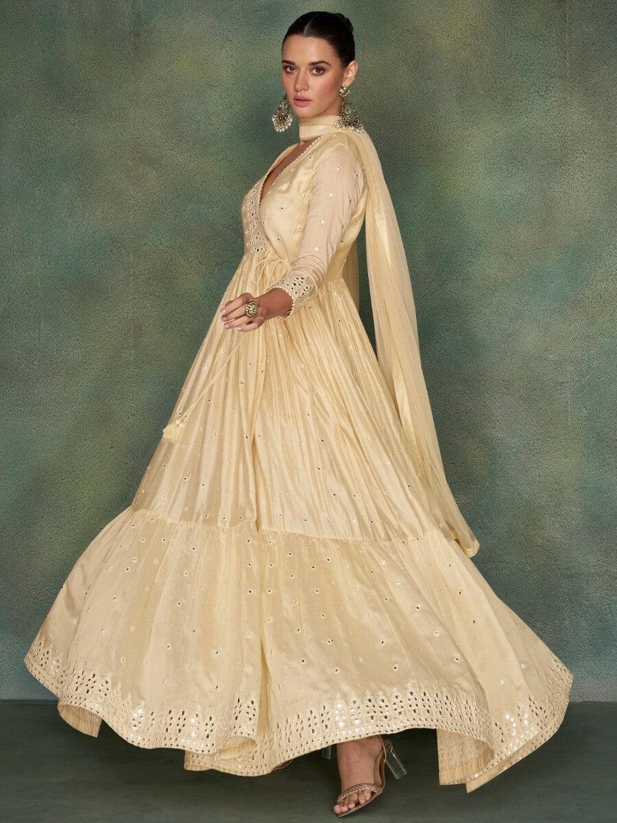 Astonishing Cream Mirror Work Silk Wedding Wear Gown With Dupatta