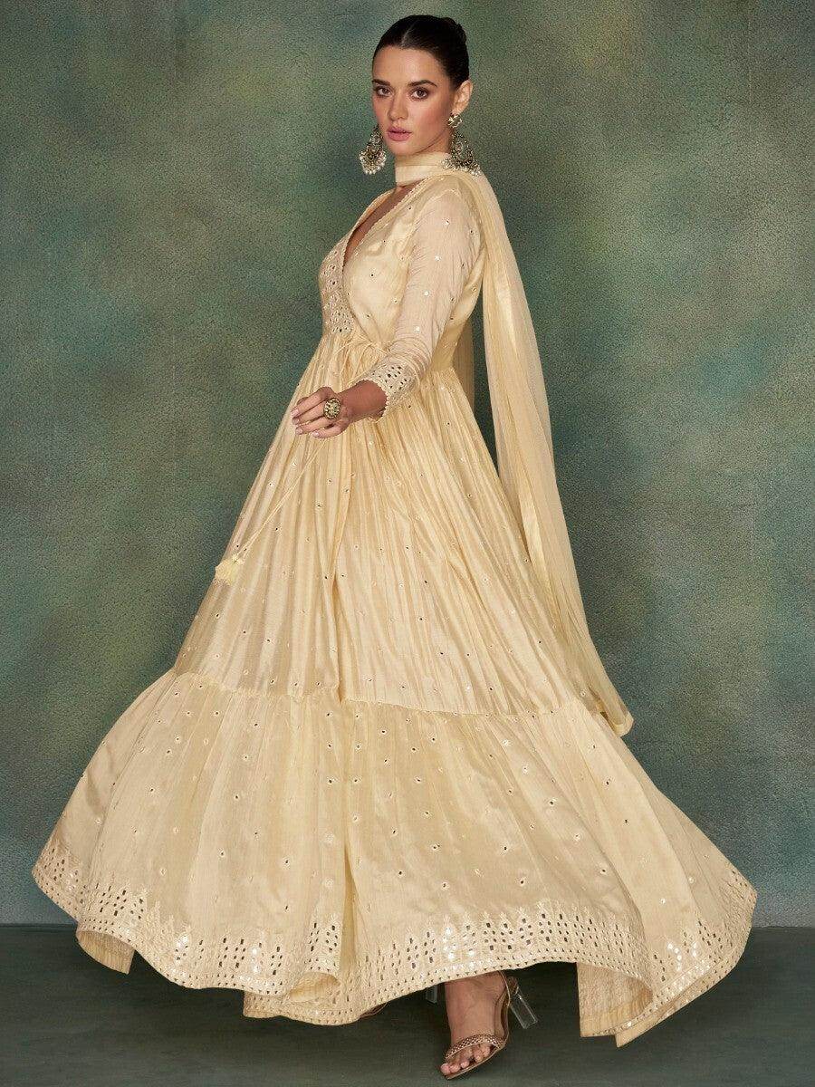 Astonishing Cream Mirror Work Silk Wedding Wear Gown With Dupatta - Zeel Clothing