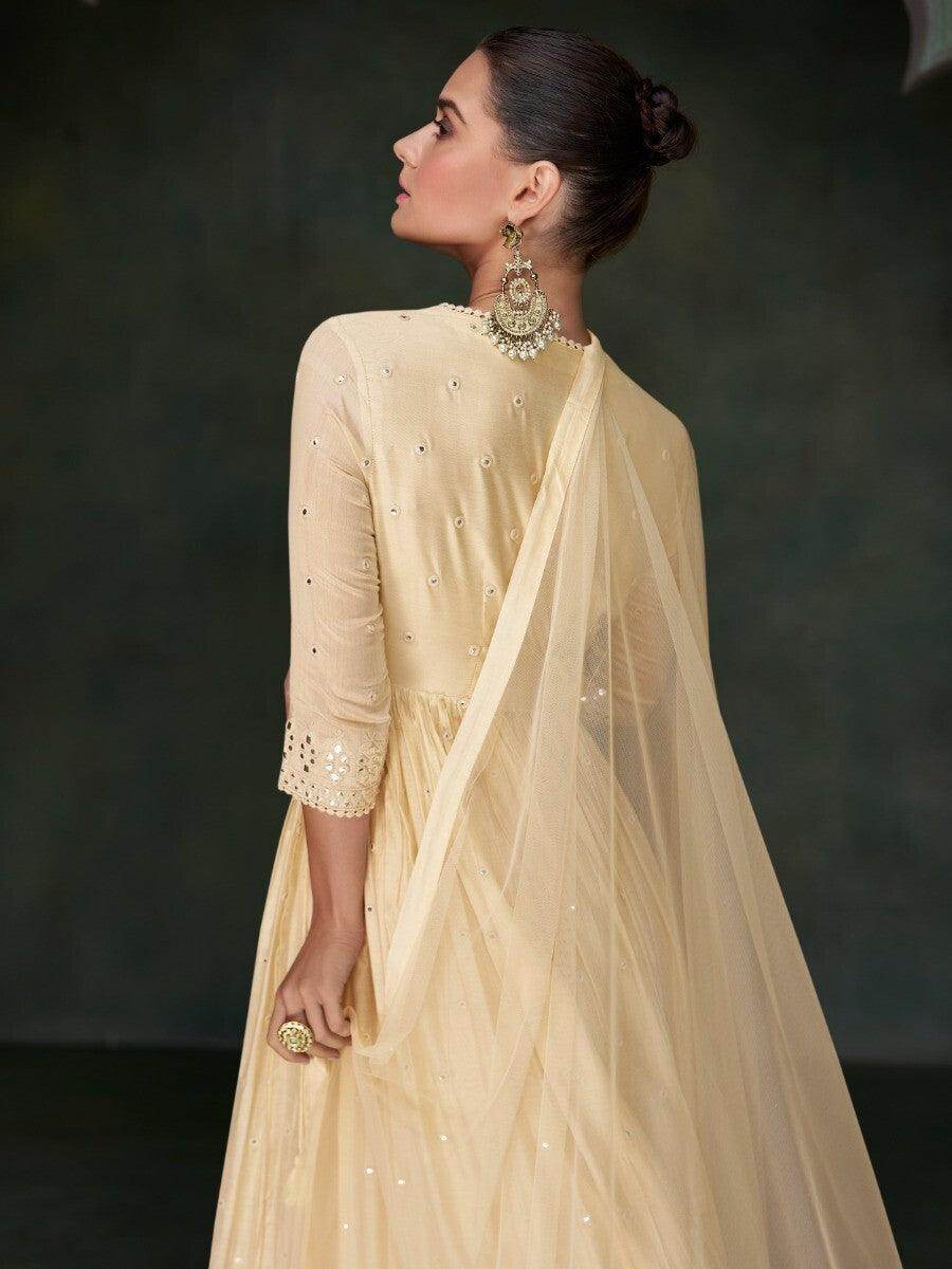 Astonishing Cream Mirror Work Silk Wedding Wear Gown With Dupatta - Zeel Clothing