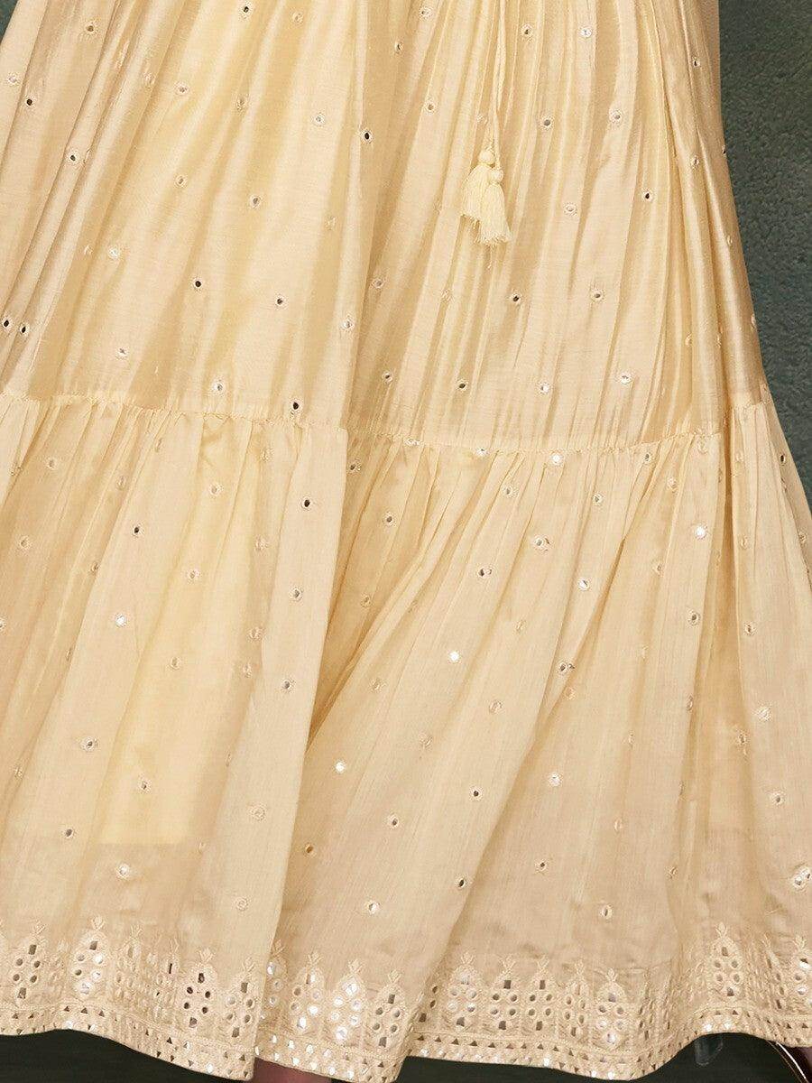 Astonishing Cream Mirror Work Silk Wedding Wear Gown With Dupatta - Zeel Clothing