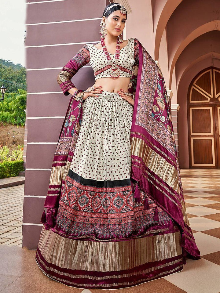 Astonishing Cream Printed Gaji Silk Navratri Wear Lehenga Choli