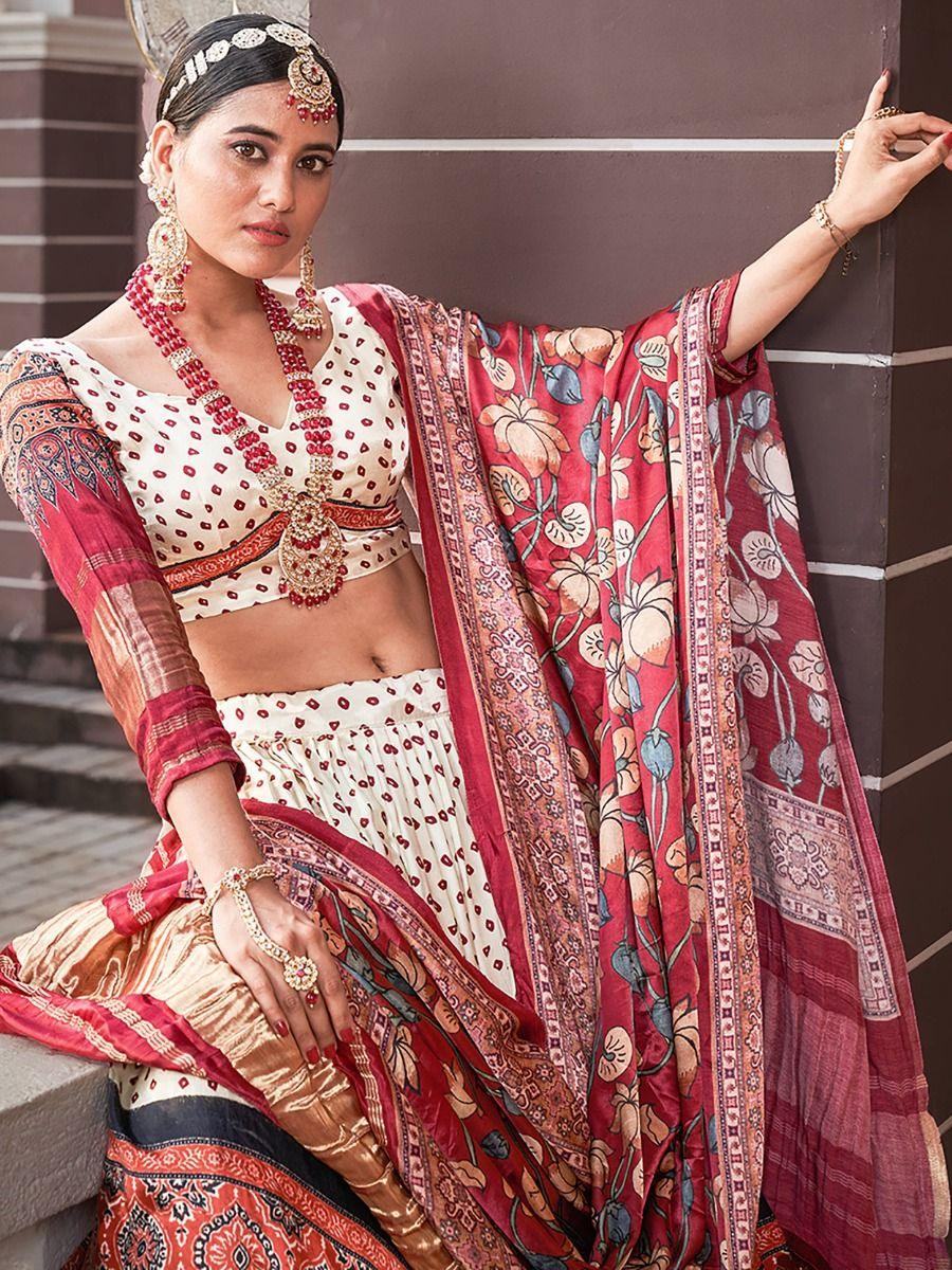 Astonishing Cream Printed Gaji Silk Navratri Wear Lehenga Choli