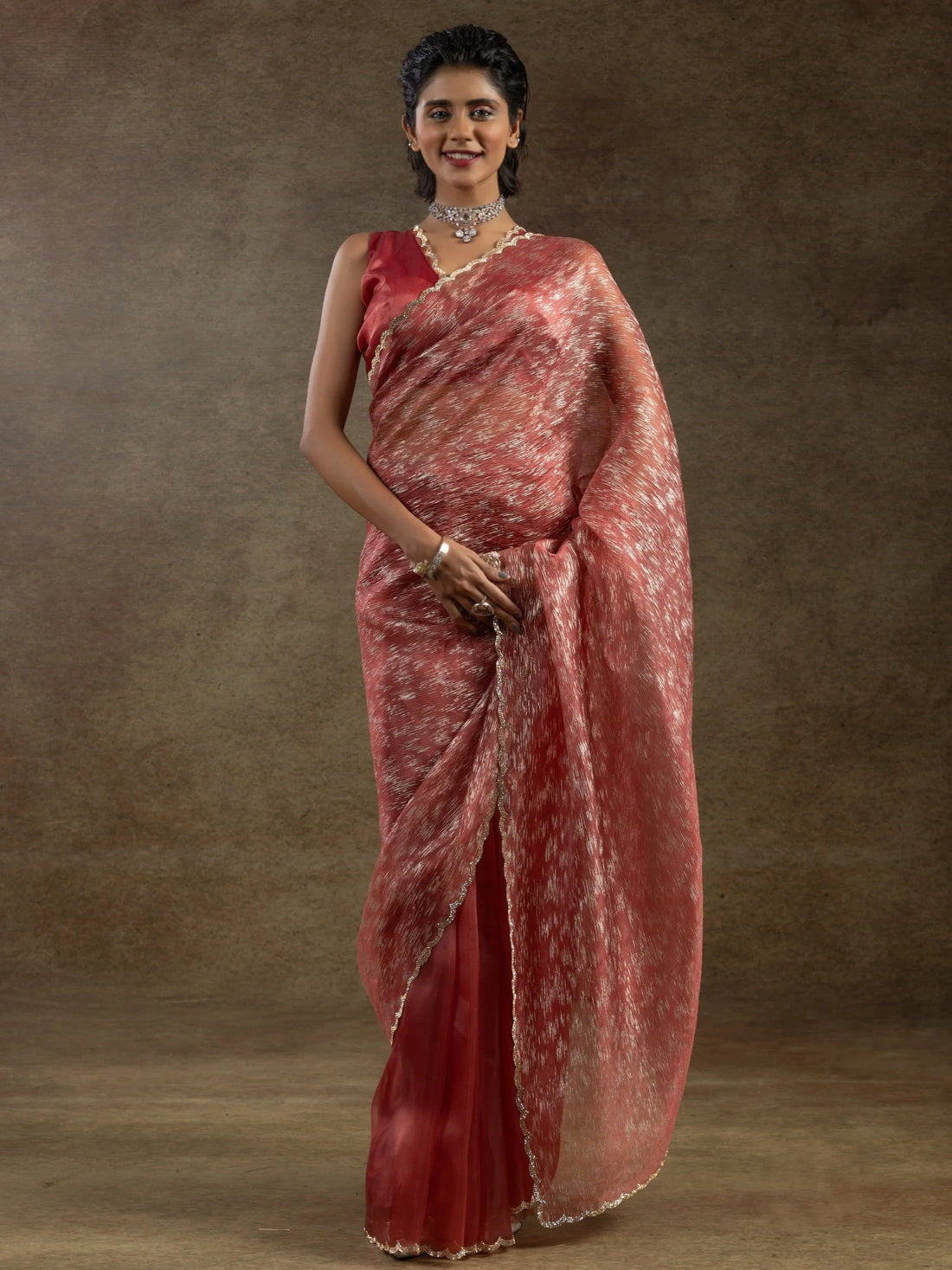 Astonishing Dark Peach Zari Weaving Organza Designer Pre-Stitched Saree - Zeel Clothing