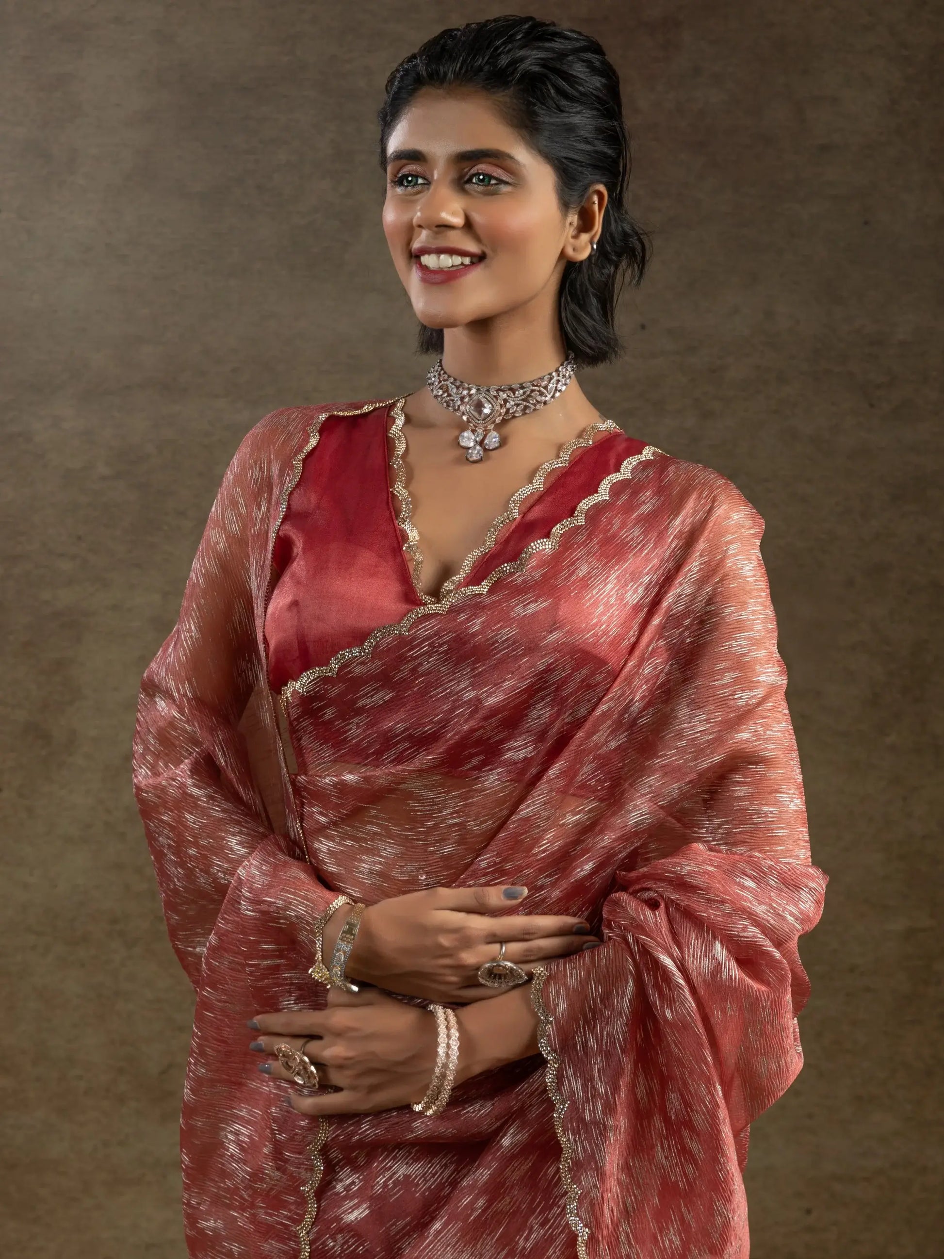 Astonishing Dark Peach Zari Weaving Organza Designer Pre-Stitched Saree - Zeel Clothing