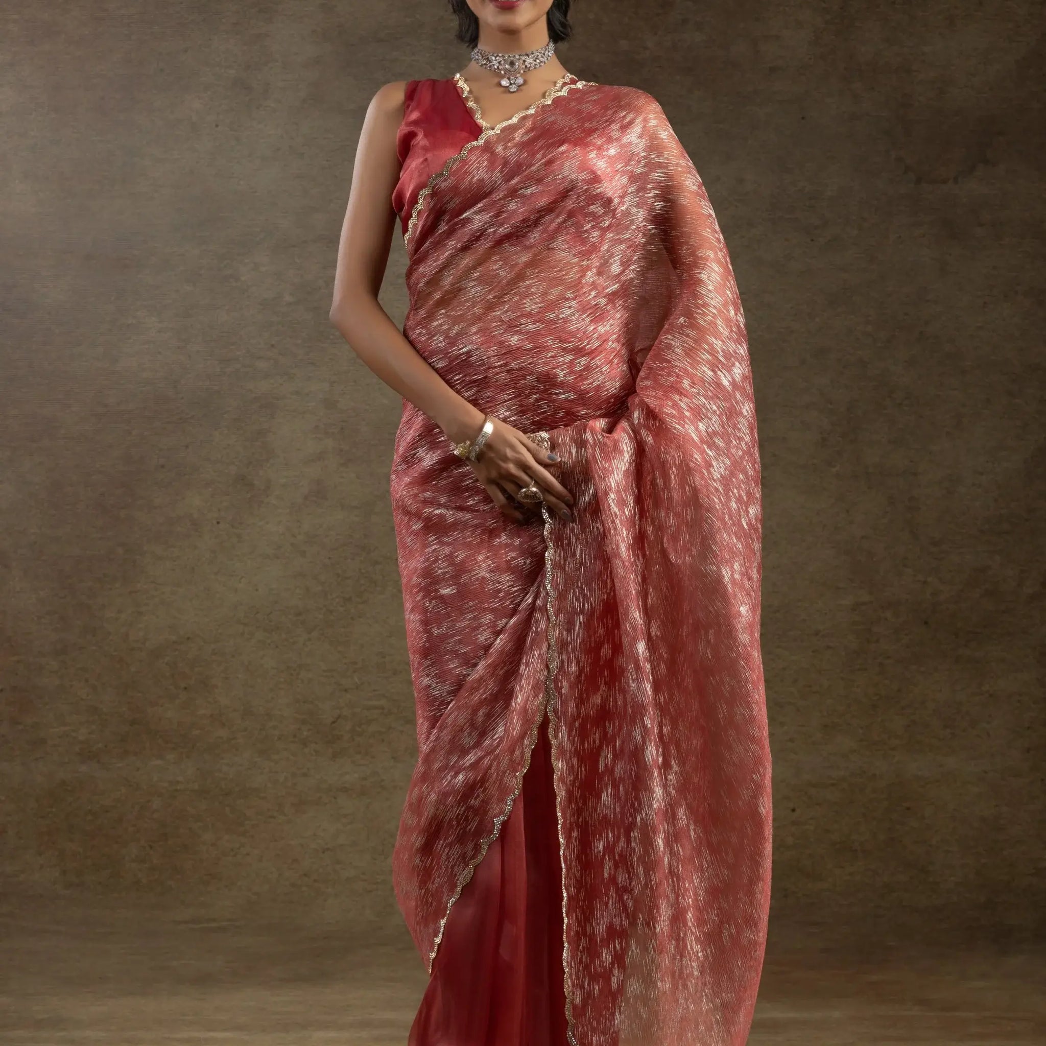 Astonishing Dark Peach Zari Weaving Organza Designer Pre-Stitched Saree - Zeel Clothing