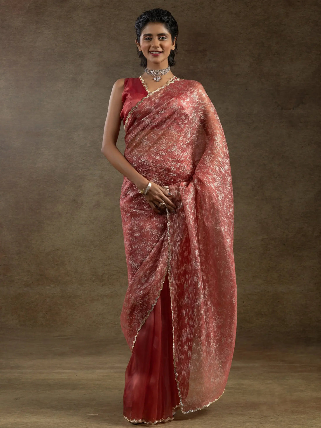 Astonishing Dark Peach Zari Weaving Organza Designer Pre-Stitched Saree - Zeel Clothing