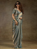 Astonishing Dusty Blue Border Work Satin Bollywood Pre-Stitched Saree With Blouse - Zeel Clothing
