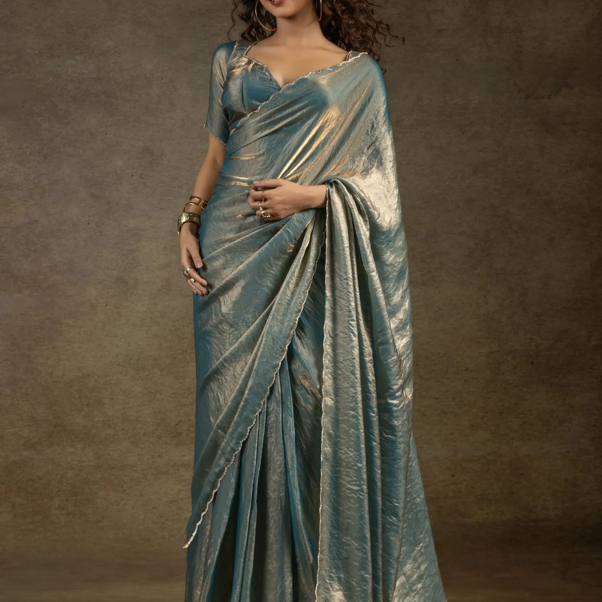 Astonishing Dusty Blue Border Work Satin Bollywood Pre-Stitched Saree With Blouse - Zeel Clothing