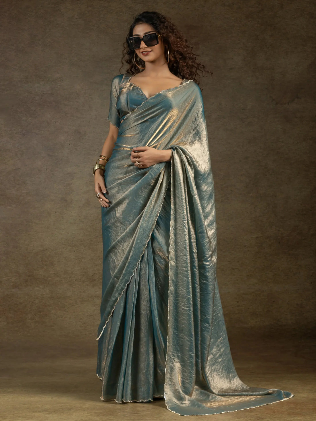 Astonishing Dusty Blue Border Work Satin Bollywood Pre-Stitched Saree With Blouse - Zeel Clothing