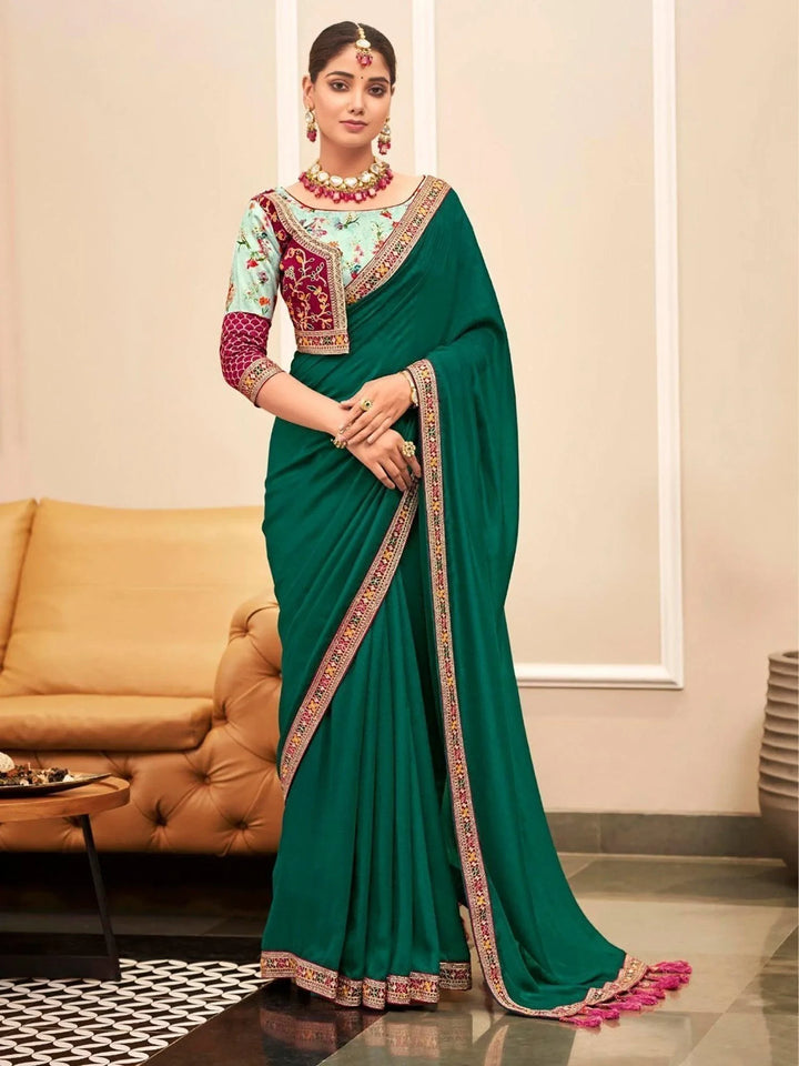 Astonishing Green Embroidered Border Vichitra Silk Traditional Saree