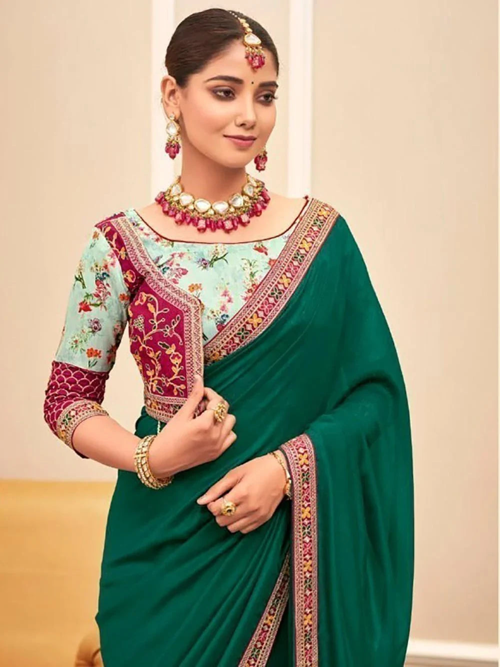 Astonishing Green Embroidered Border Vichitra Silk Traditional Saree