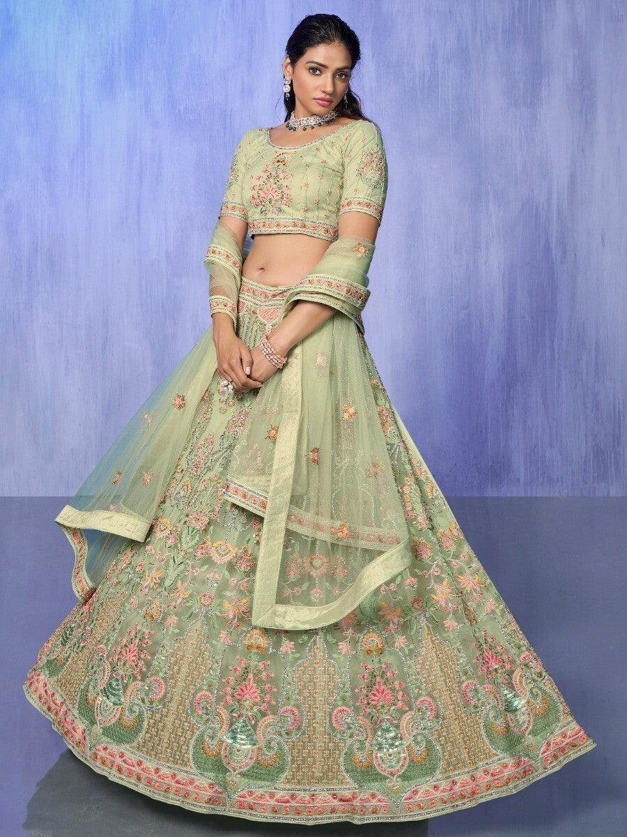 Astonishing Green Embroidered Net Lehenga Choli With Dupatta