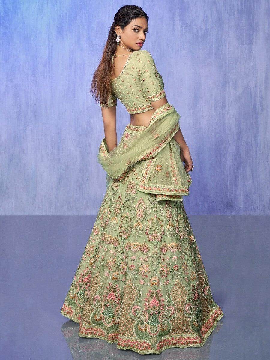 Astonishing Green Embroidered Net Lehenga Choli With Dupatta - Zeel Clothing