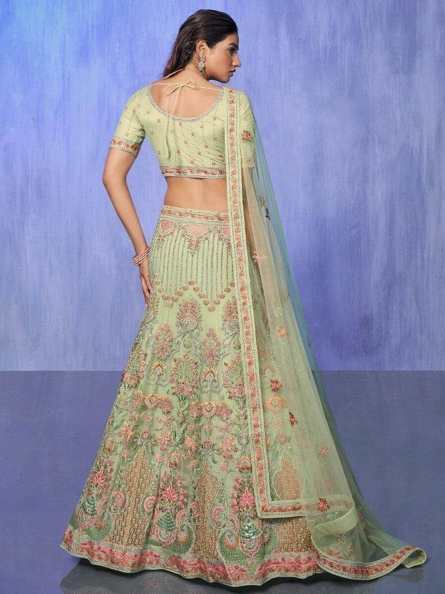 Astonishing Green Embroidered Net Lehenga Choli With Dupatta - Zeel Clothing
