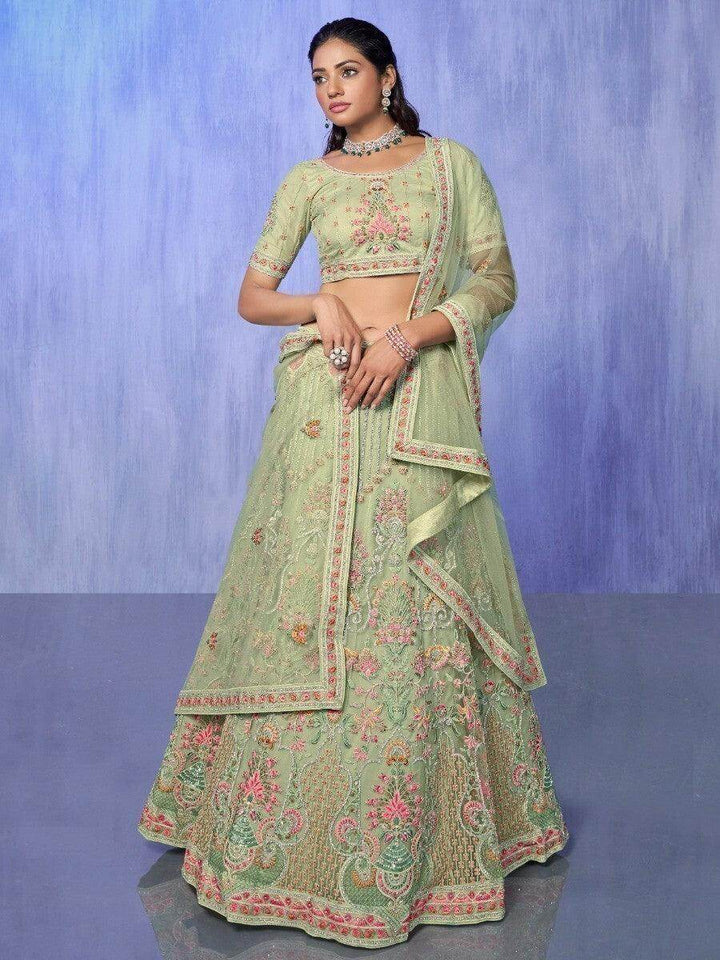 Astonishing Green Embroidered Net Lehenga Choli With Dupatta - Zeel Clothing