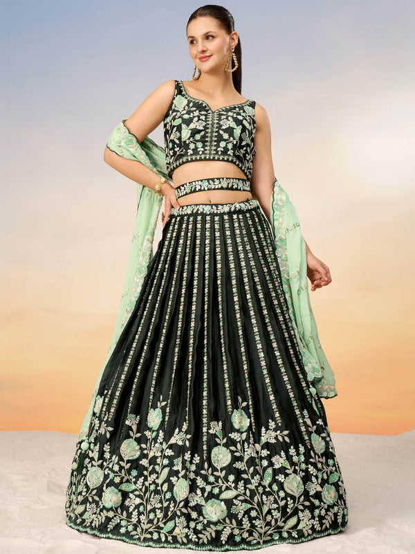 Astonishing Green Embroidered Satin Mehendi Wear Lehenga Choli - Zeel Clothing