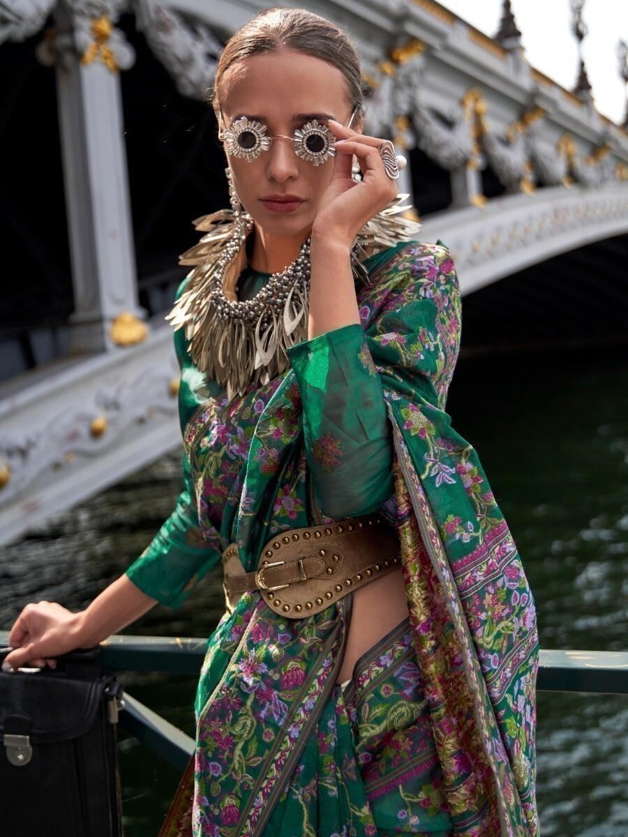 Astonishing Green Floral Woven Organza Events Wear Saree With Blouse
