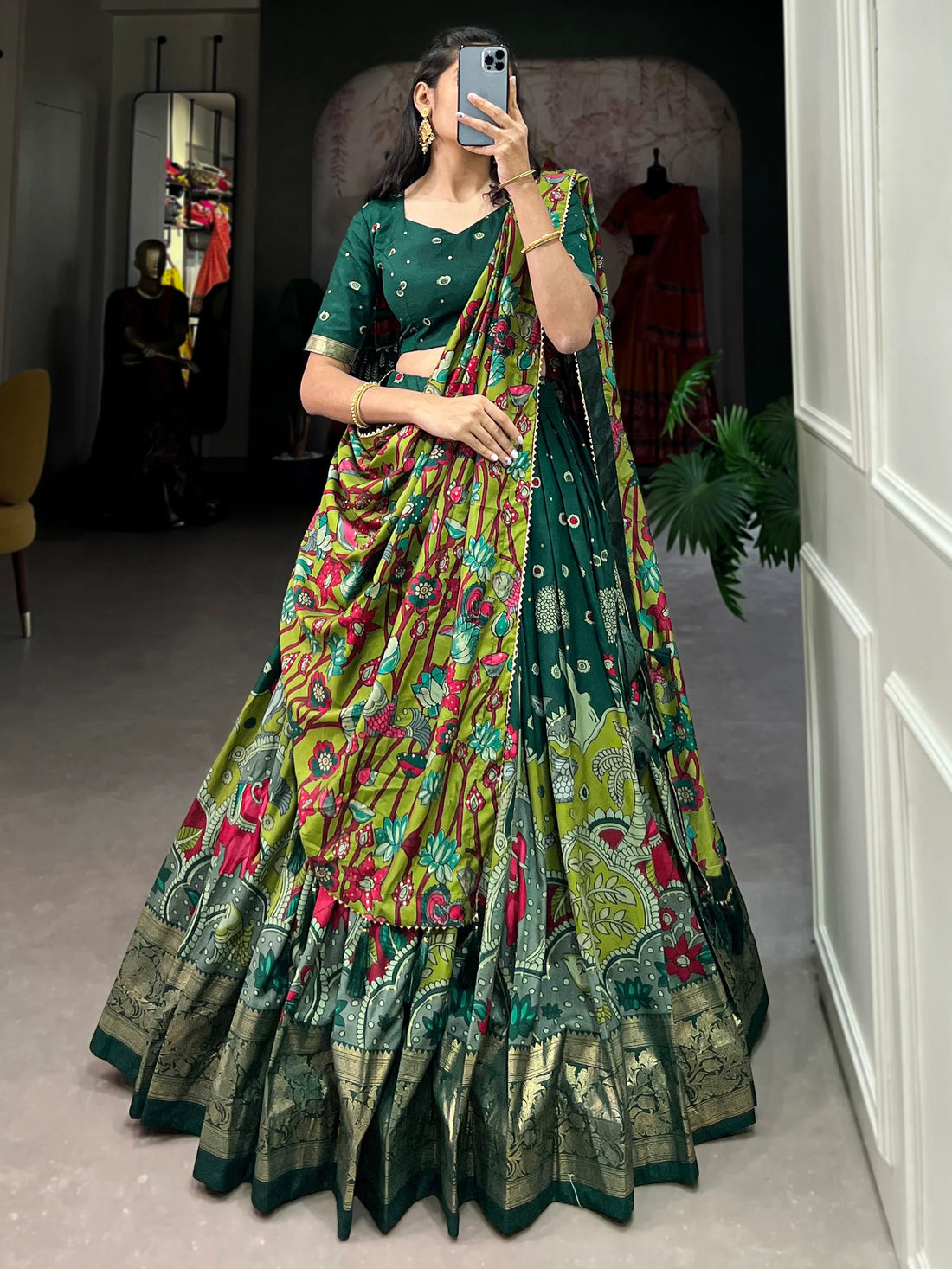 Astonishing Green kalamkari Printed Silk Traditonal Lehenga Choli - Zeel Clothing