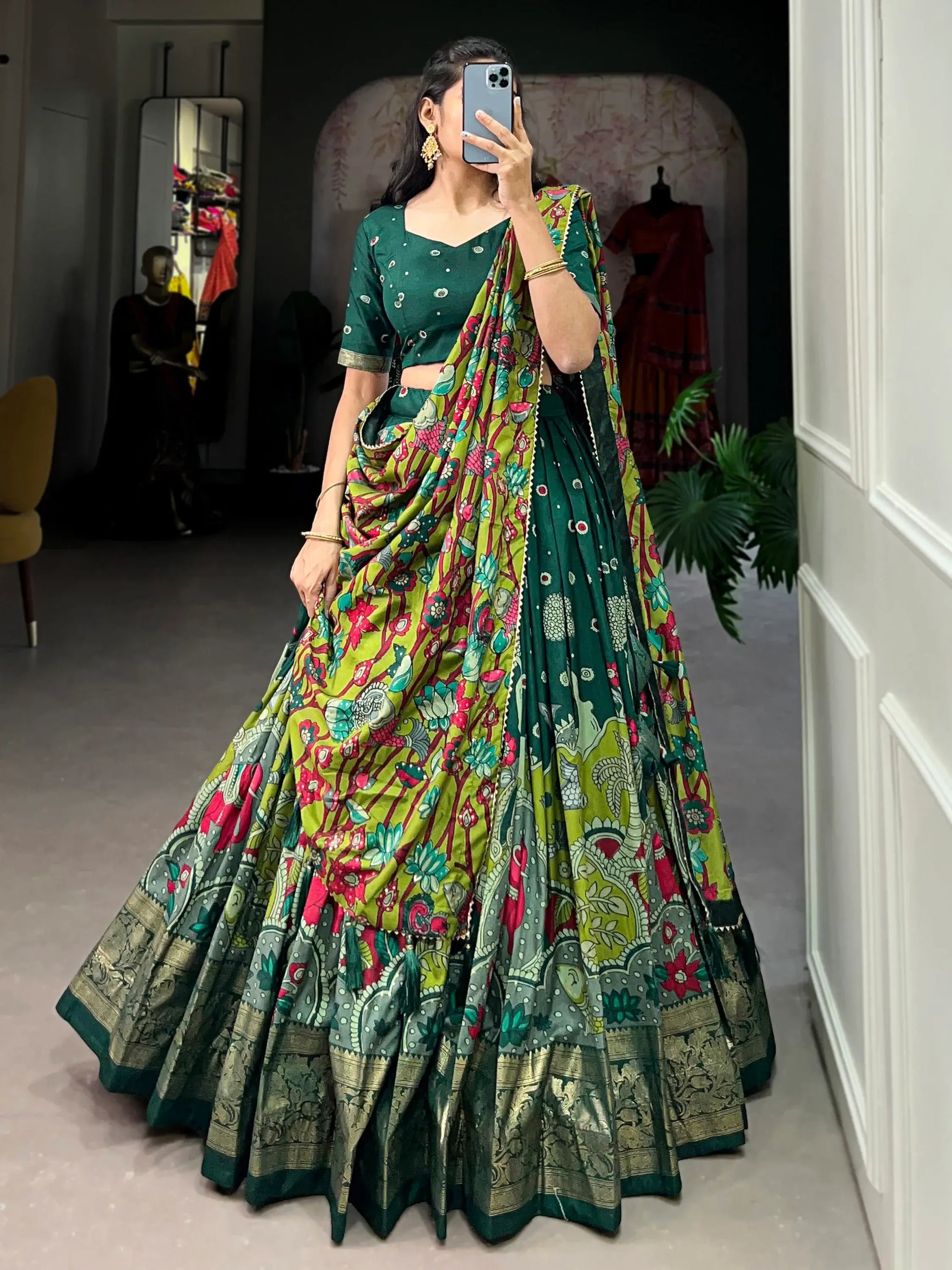 Astonishing Green kalamkari Printed Silk Traditonal Lehenga Choli - Zeel Clothing