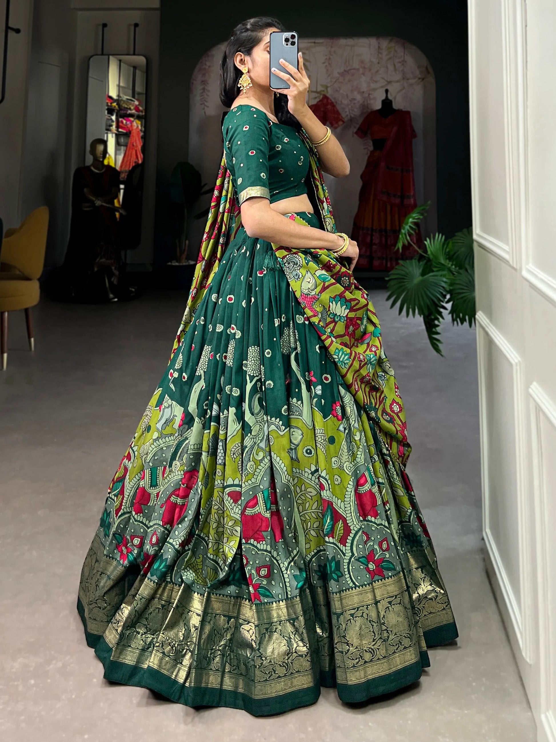 Astonishing Green kalamkari Printed Silk Traditonal Lehenga Choli - Zeel Clothing