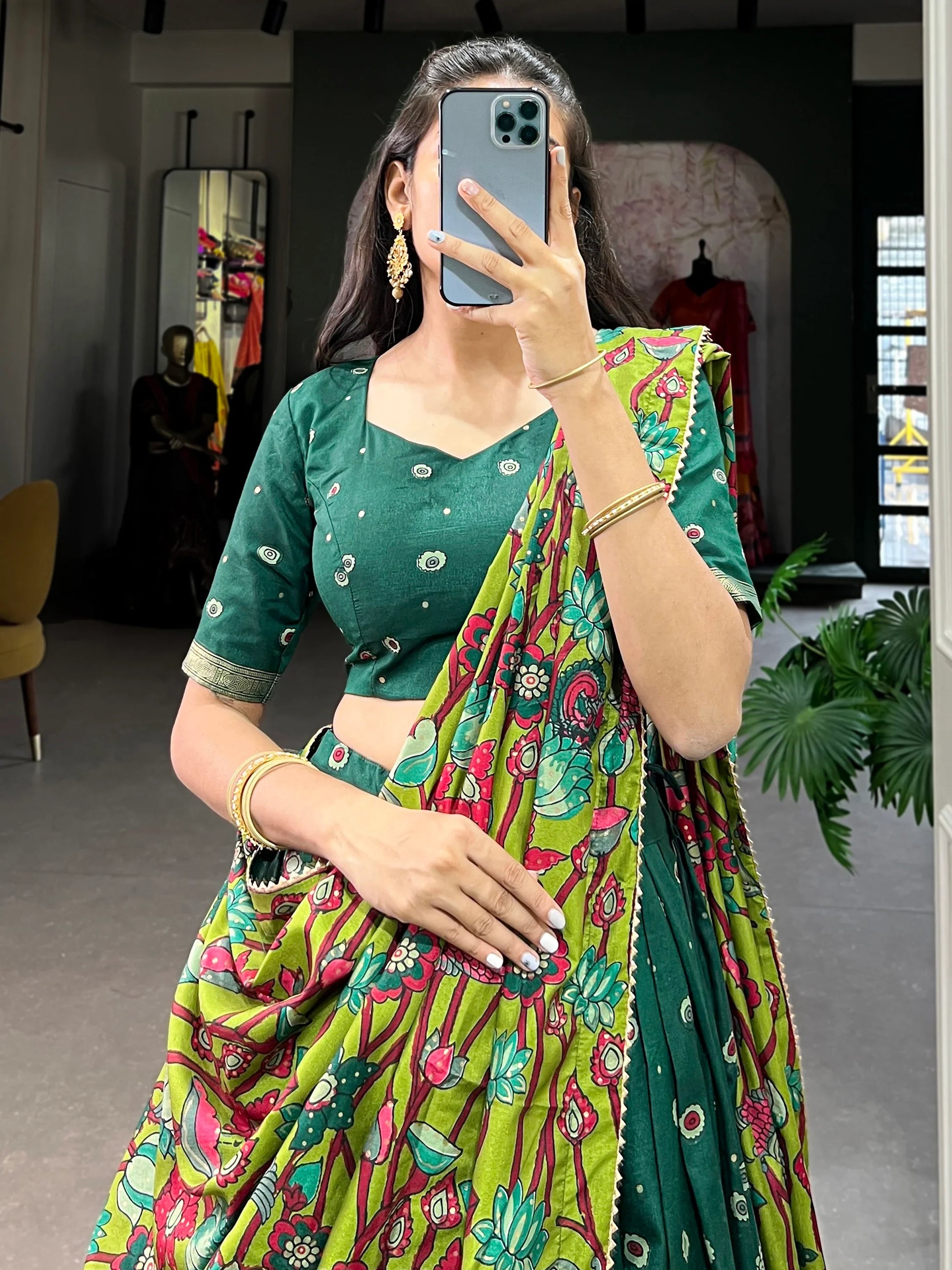 Astonishing Green kalamkari Printed Silk Traditonal Lehenga Choli - Zeel Clothing