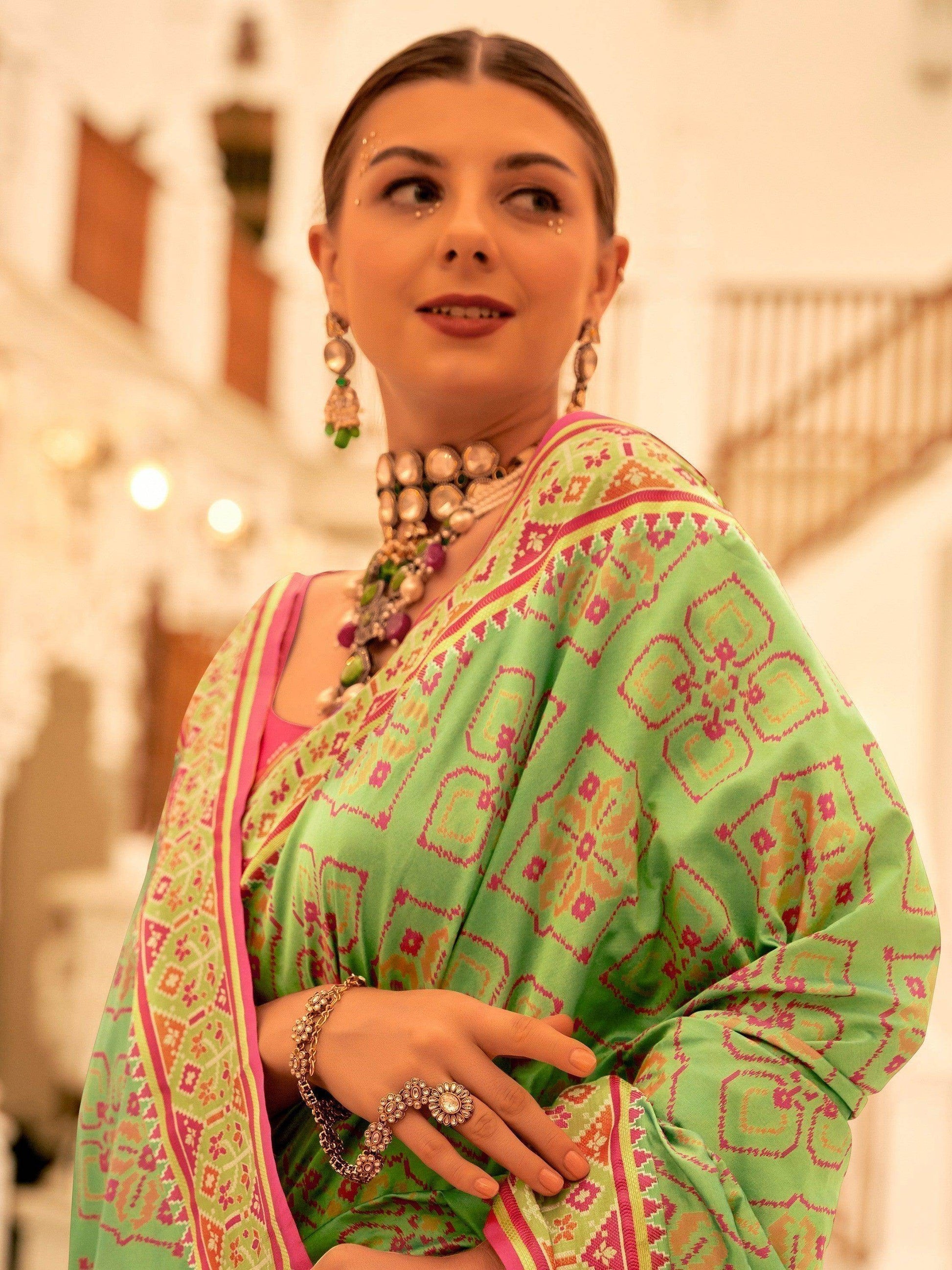 Astonishing Green Patola Printed Silk Wedding Wear Saree With Blouse - Zeel Clothing