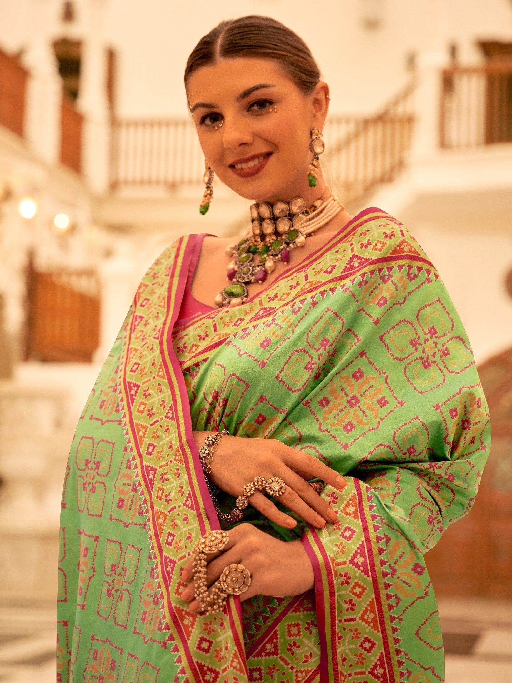 Astonishing Green Patola Printed Silk Wedding Wear Saree With Blouse - Zeel Clothing