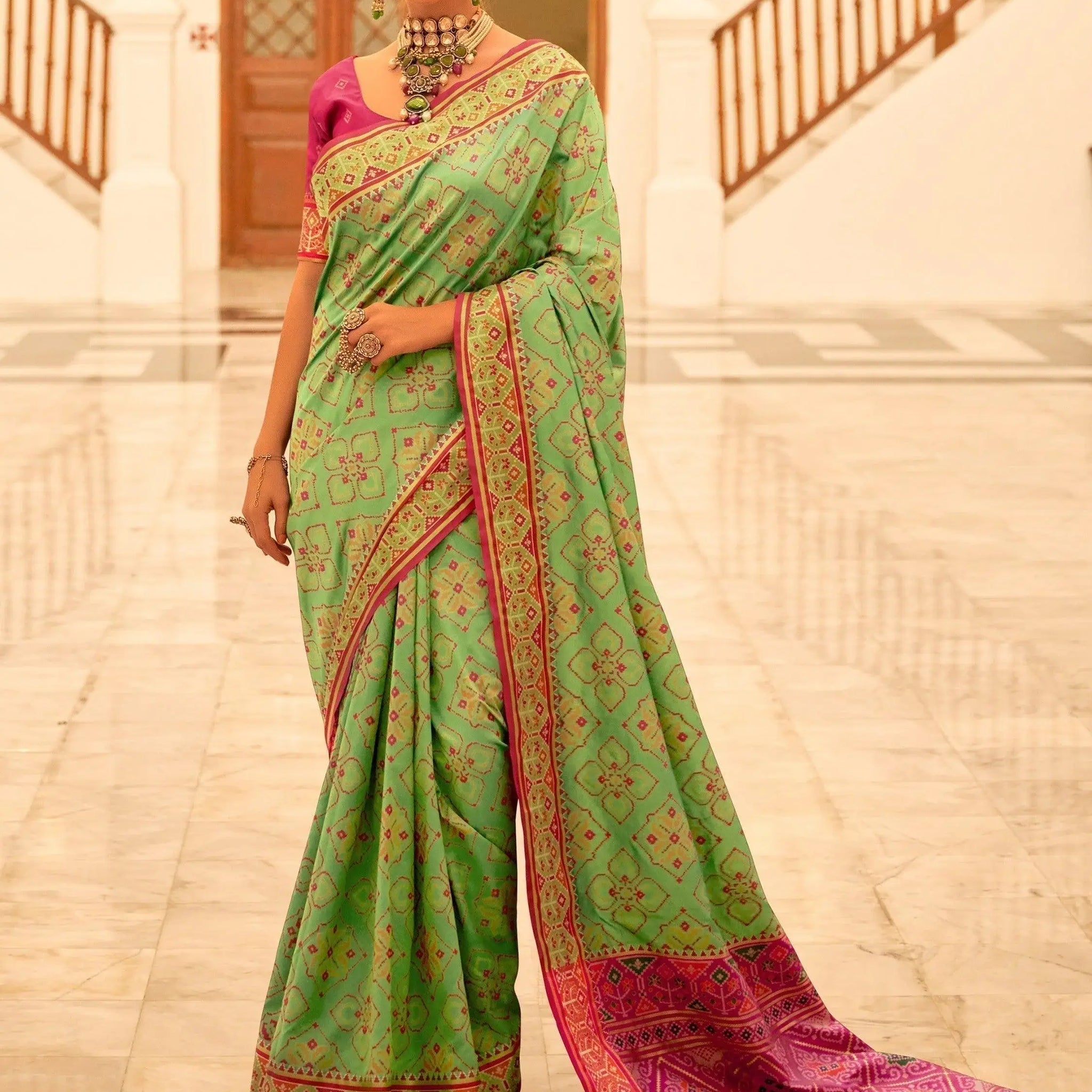 Astonishing Green Patola Printed Silk Wedding Wear Saree With Blouse - Zeel Clothing