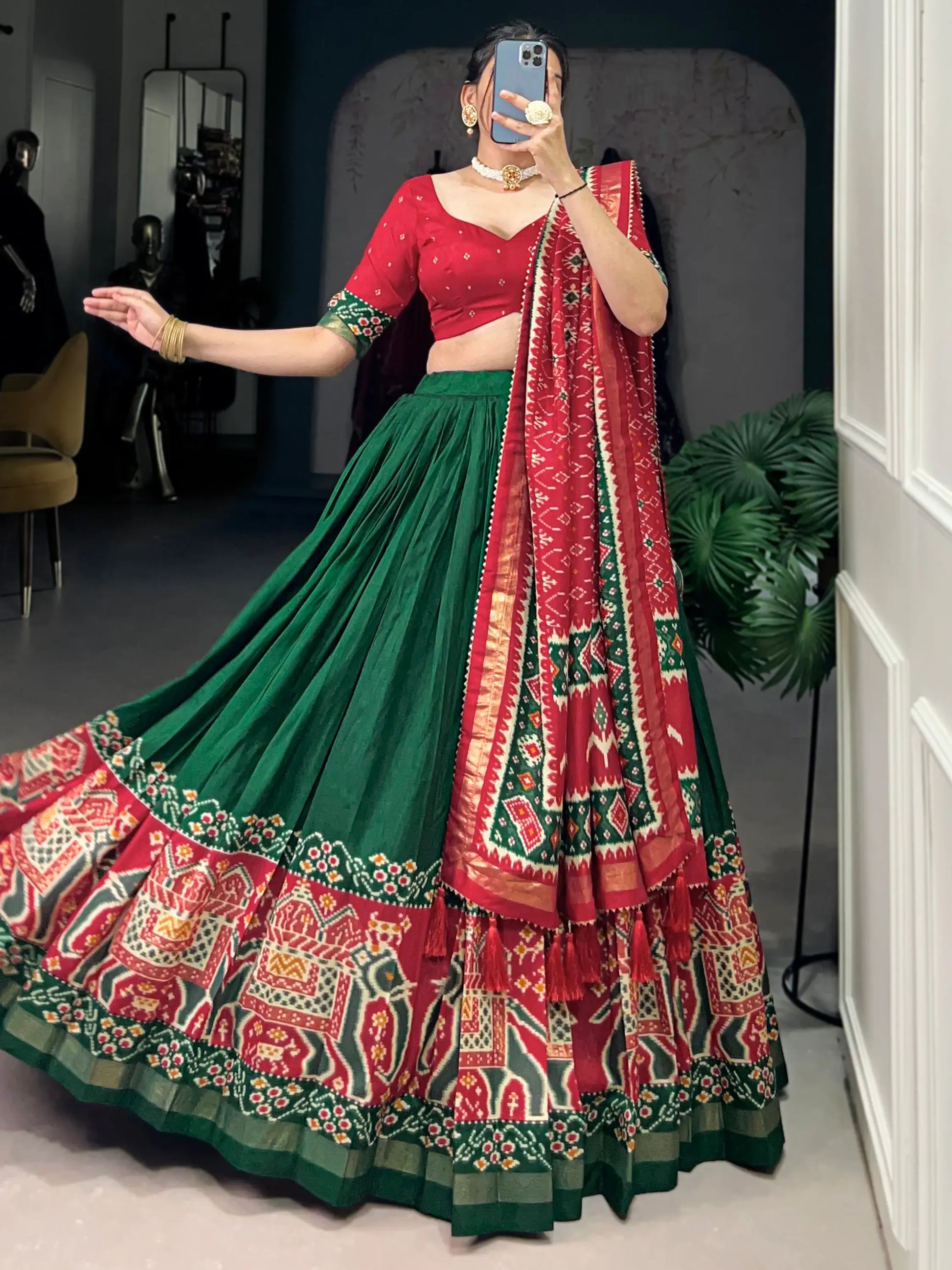 Astonishing Green Patola Printed Tussar Silk Traditional Lehenga Choli - Zeel Clothing