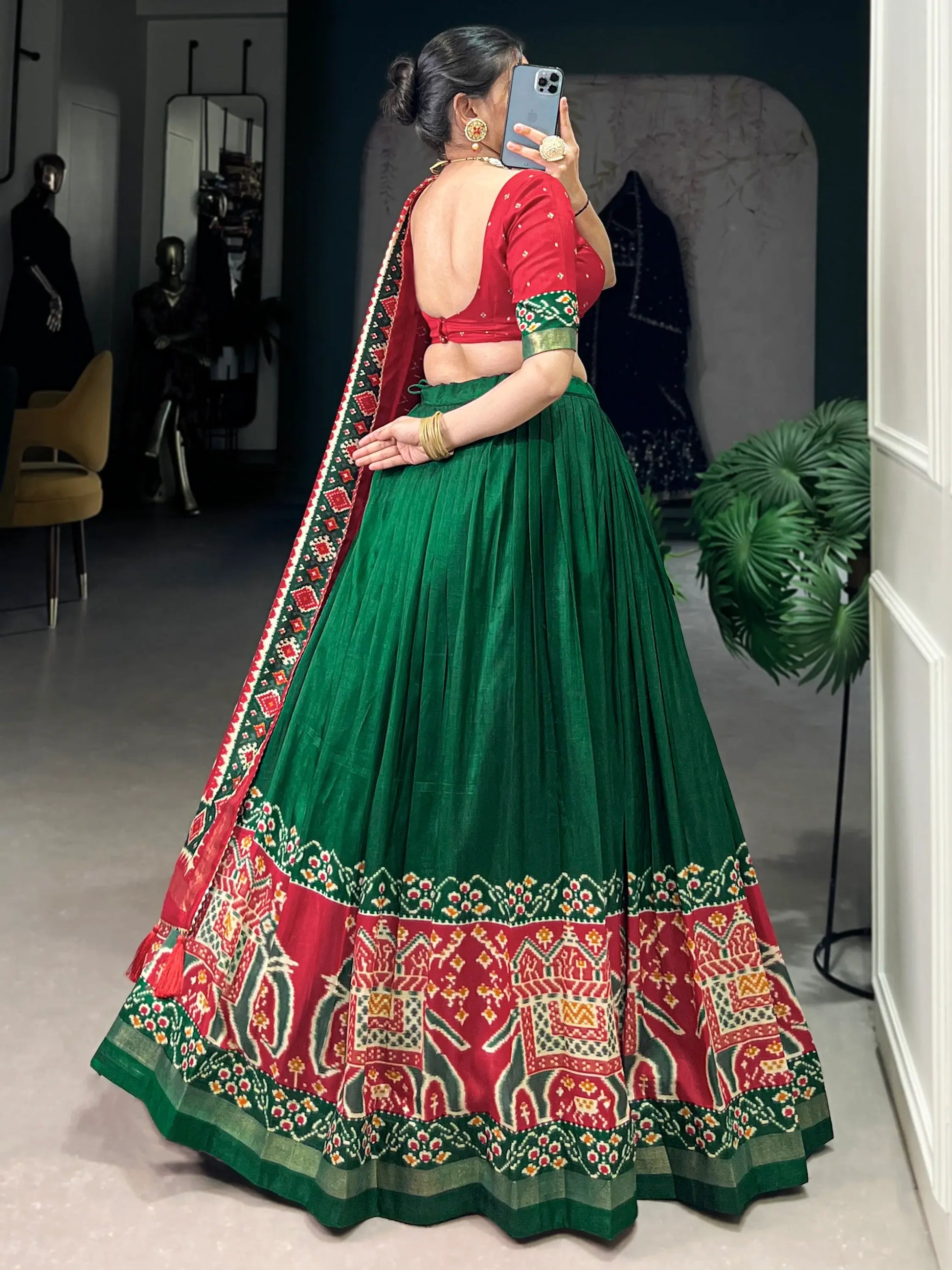 Astonishing Green Patola Printed Tussar Silk Traditional Lehenga Choli - Zeel Clothing