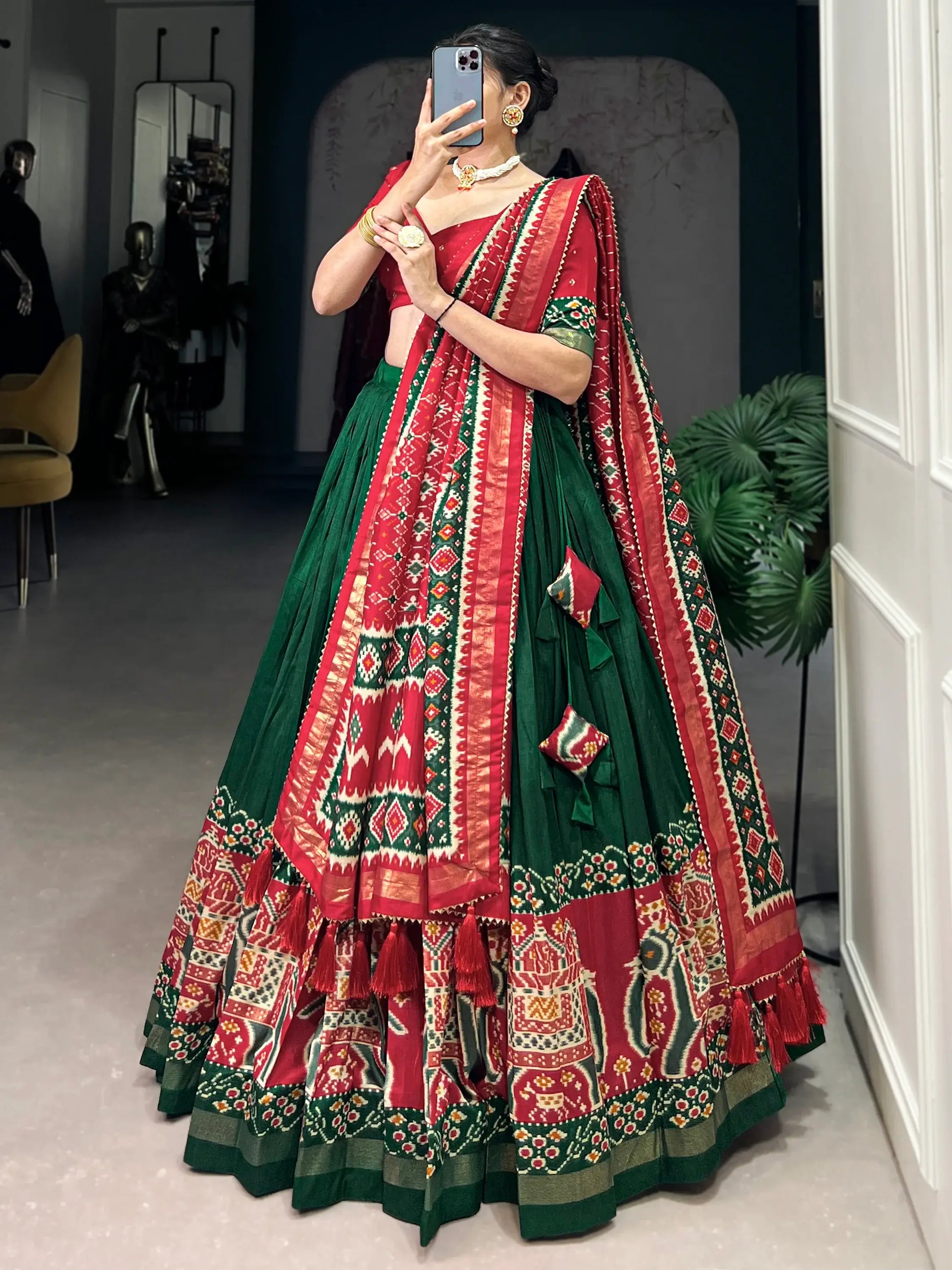Astonishing Green Patola Printed Tussar Silk Traditional Lehenga Choli - Zeel Clothing