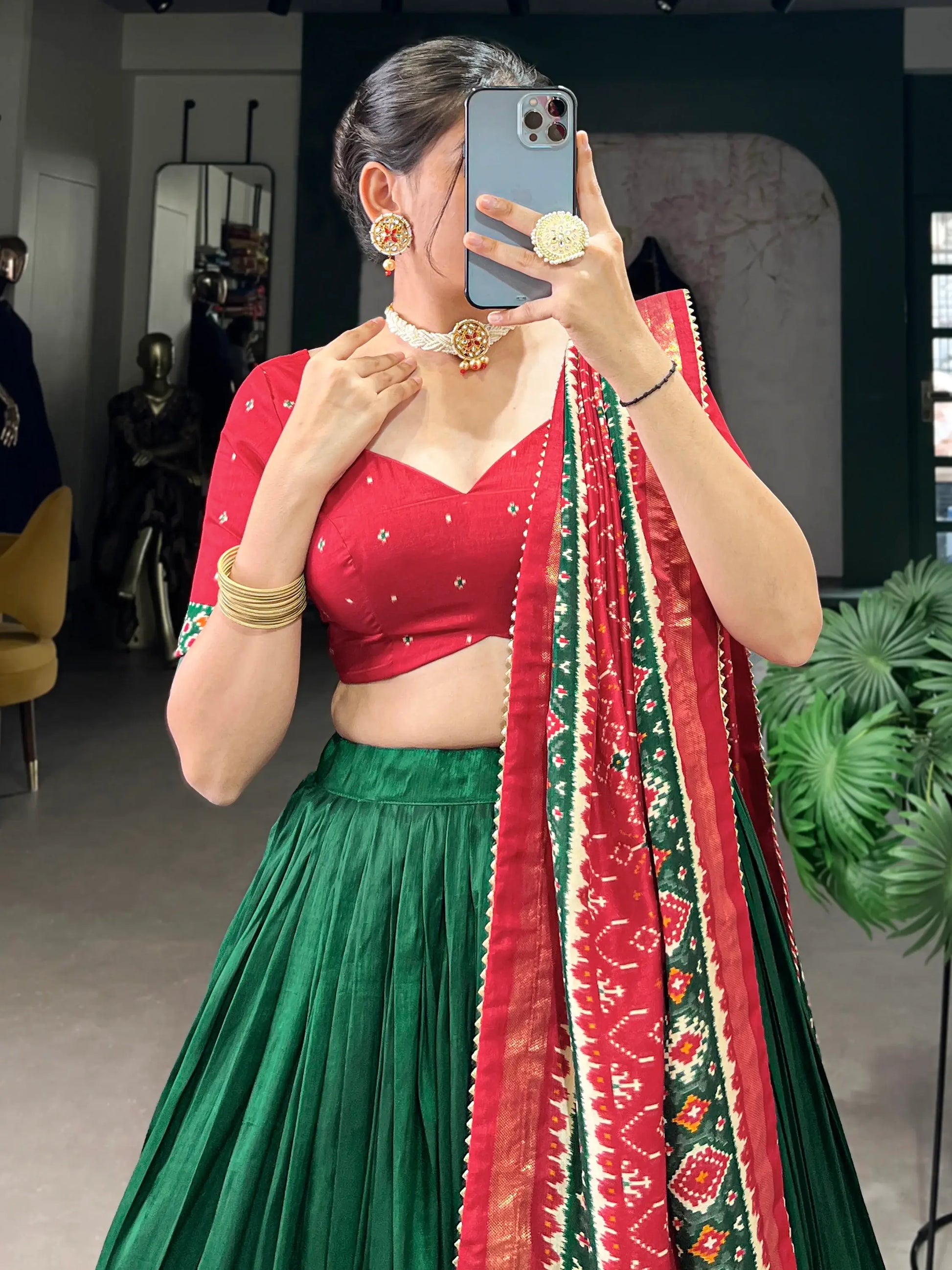 Astonishing Green Patola Printed Tussar Silk Traditional Lehenga Choli - Zeel Clothing