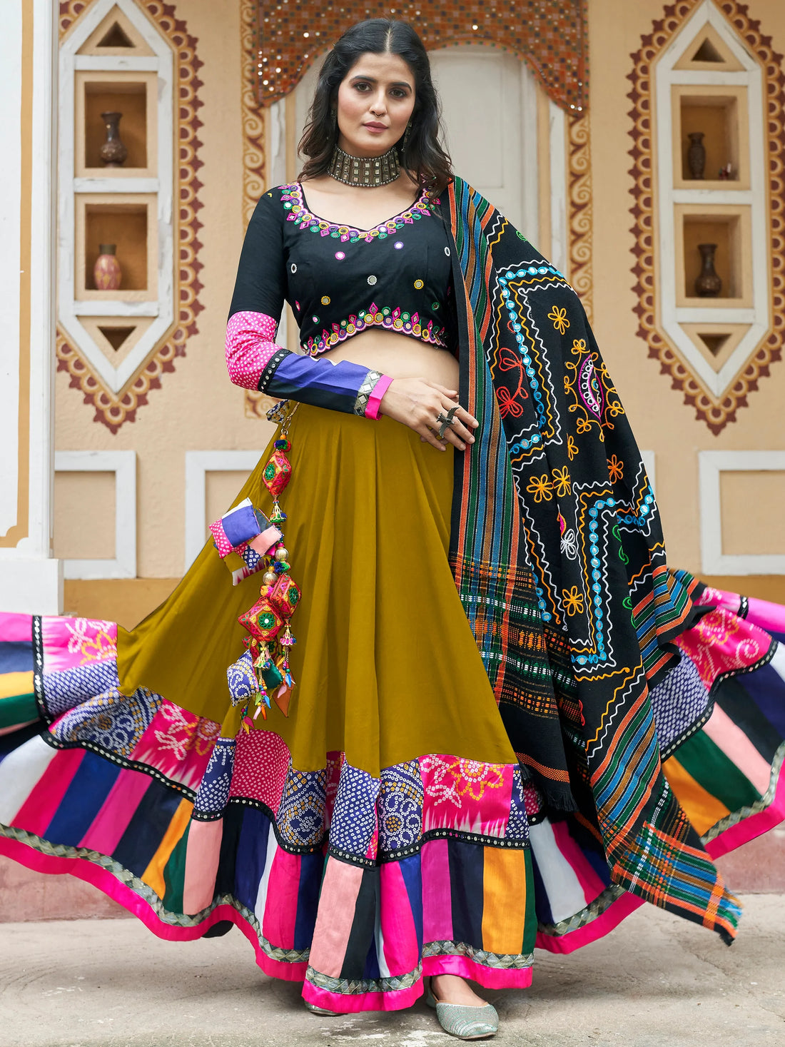 Astonishing Green Printed Rayon Navratri Lehenga Choli With Dupatta - Zeel Clothing