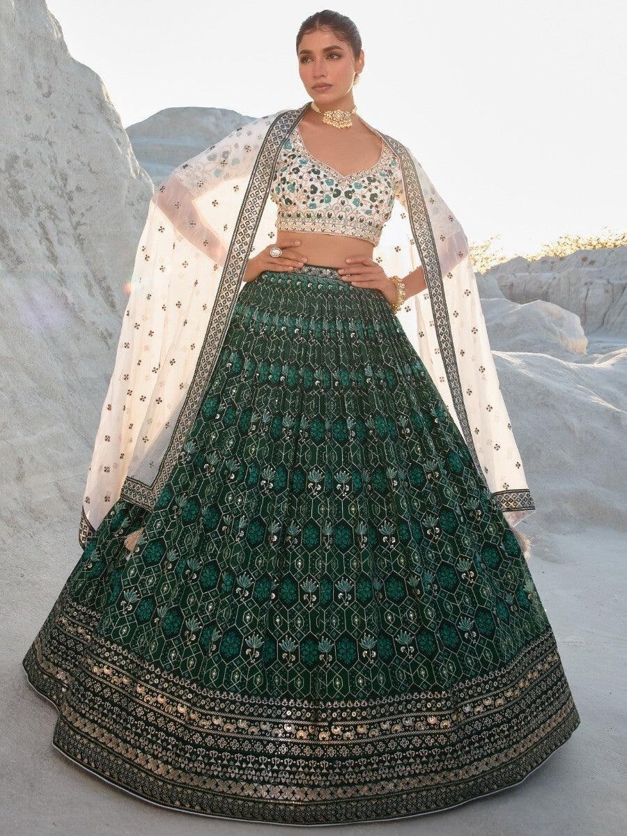 Astonishing Green Sequins Georgette Lehenga Choli With Dupatta - Zeel Clothing