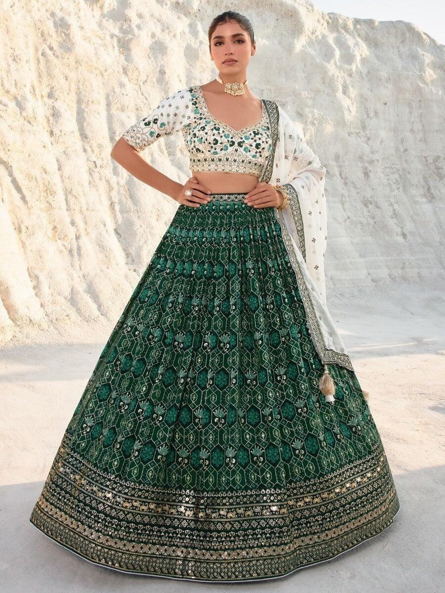 Astonishing Green Sequins Georgette Lehenga Choli With Dupatta - Zeel Clothing