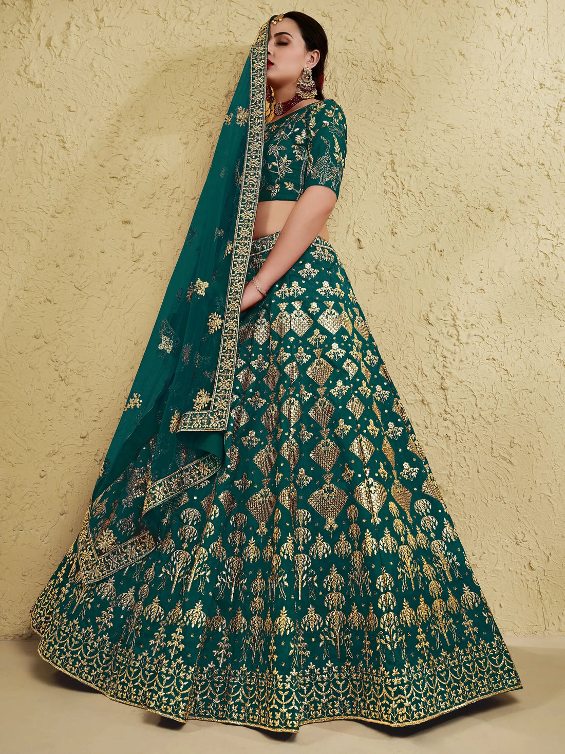 Astonishing Green Sequins Work Slub Silk Party Wear Lehenga Choli With Dupatta - Zeel Clothing
