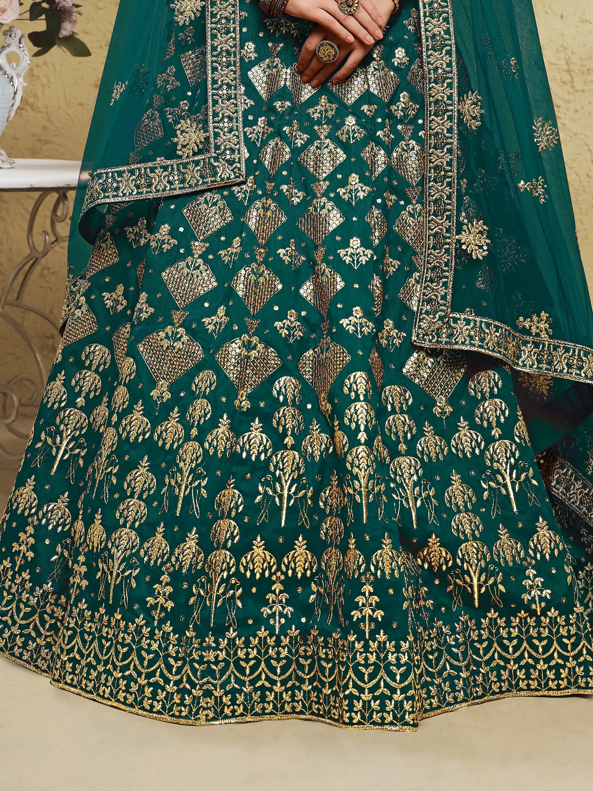 Astonishing Green Sequins Work Slub Silk Party Wear Lehenga Choli With Dupatta - Zeel Clothing