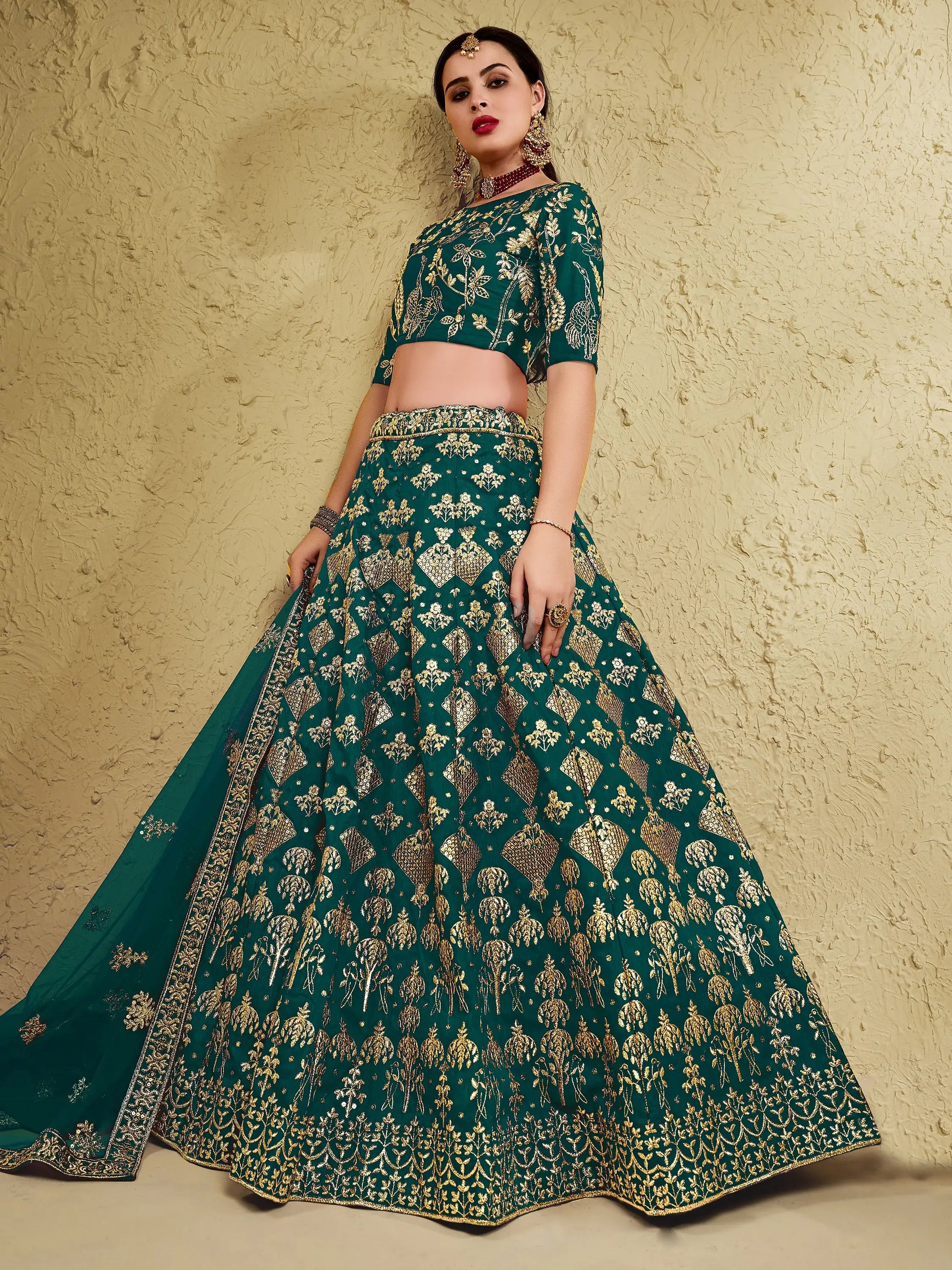 Astonishing Green Sequins Work Slub Silk Party Wear Lehenga Choli With Dupatta - Zeel Clothing