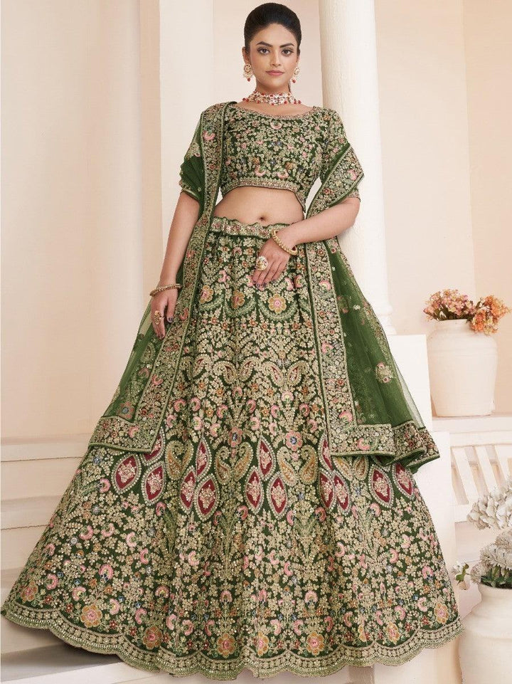Astonishing Green Thread Work Net Bridal Wear Lehenga Choli