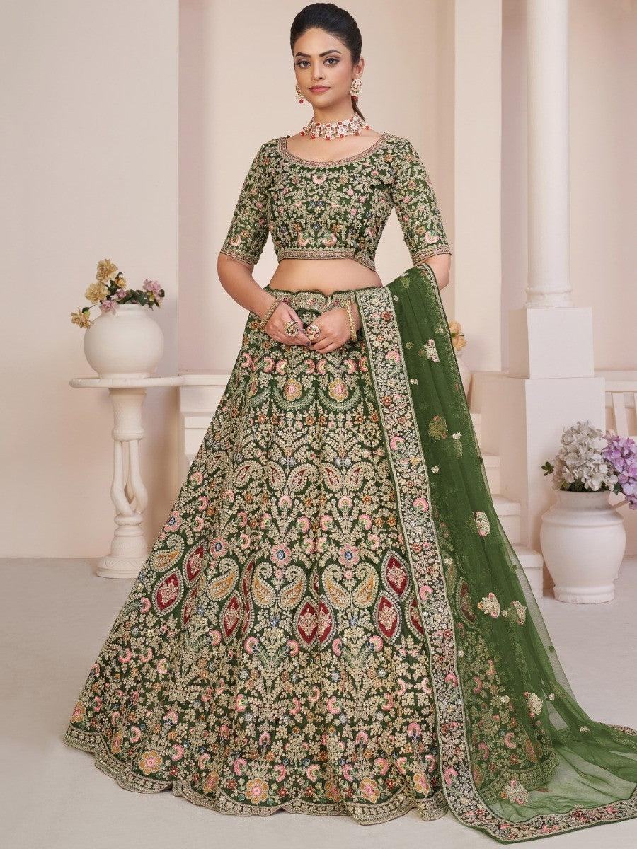 Astonishing Green Thread Work Net Bridal Wear Lehenga Choli