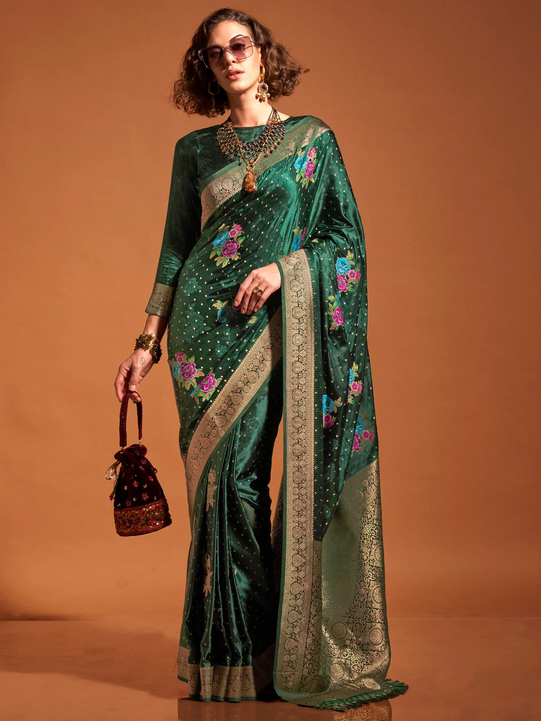 Astonishing Green Weaving Satin Mehendi Wear Saree With Blouse - Zeel Clothing