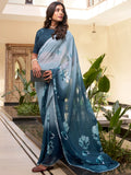 Astonishing Grey & Blue Floral Printed Chiffon Saree With Blouse - Zeel Clothing