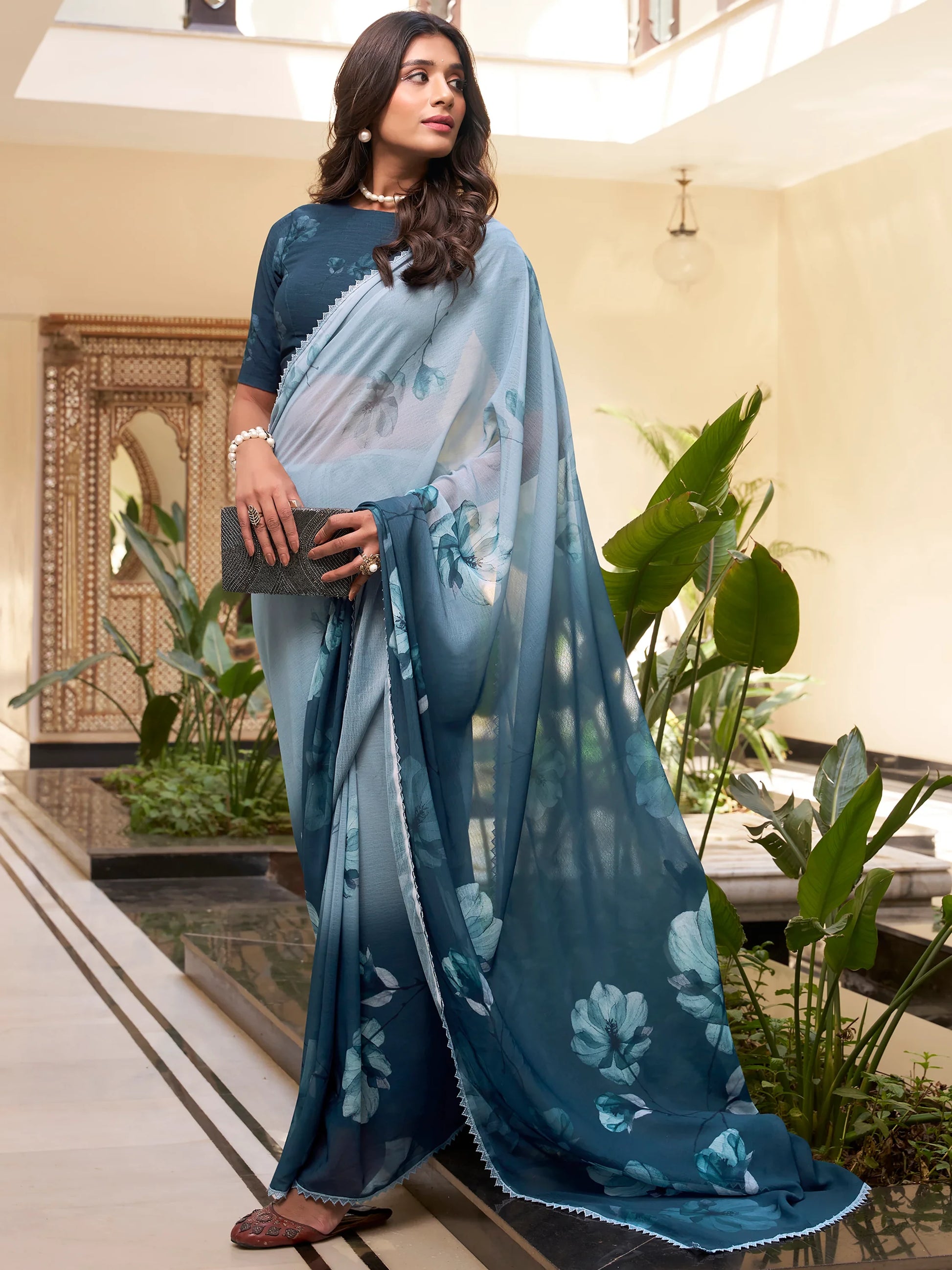 Astonishing Grey & Blue Floral Printed Chiffon Saree With Blouse - Zeel Clothing