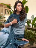 Astonishing Grey & Blue Floral Printed Chiffon Saree With Blouse - Zeel Clothing