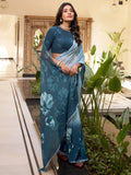 Astonishing Grey & Blue Floral Printed Chiffon Saree With Blouse - Zeel Clothing